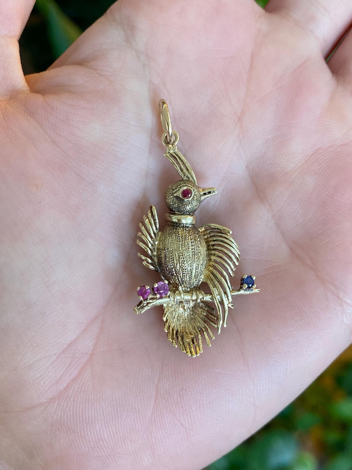 Vintage Solid 14k Yellow Gold Pink & Blue Sapphire Bird Charm