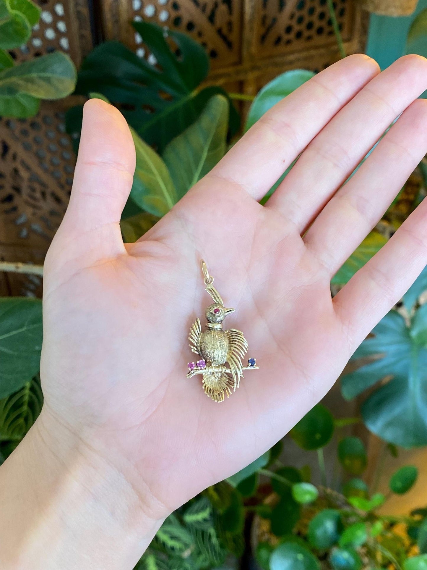Vintage Solid 14k Yellow Gold Pink & Blue Sapphire Bird Charm
