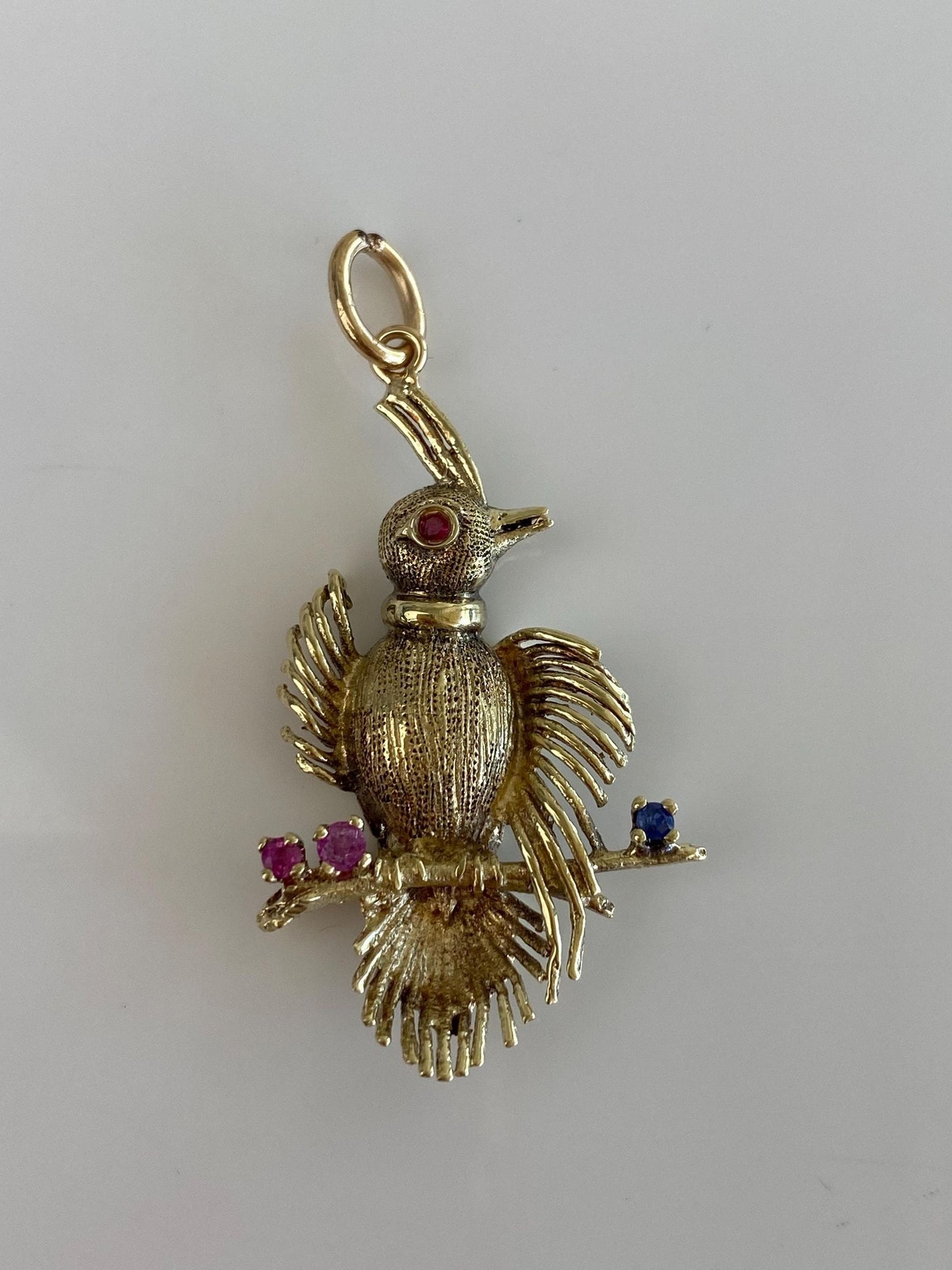 Vintage Solid 14k Yellow Gold Pink & Blue Sapphire Bird Charm
