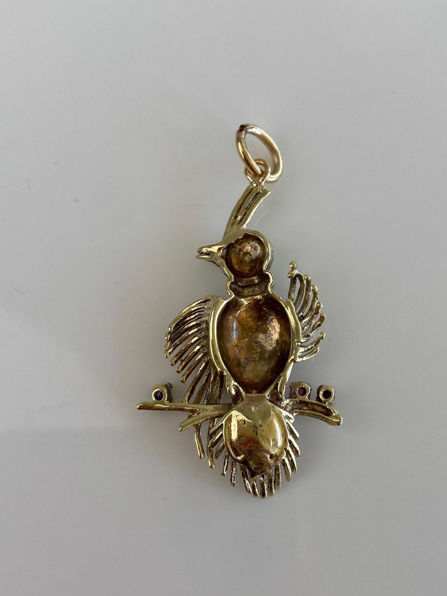 Vintage Solid 14k Yellow Gold Pink & Blue Sapphire Bird Charm