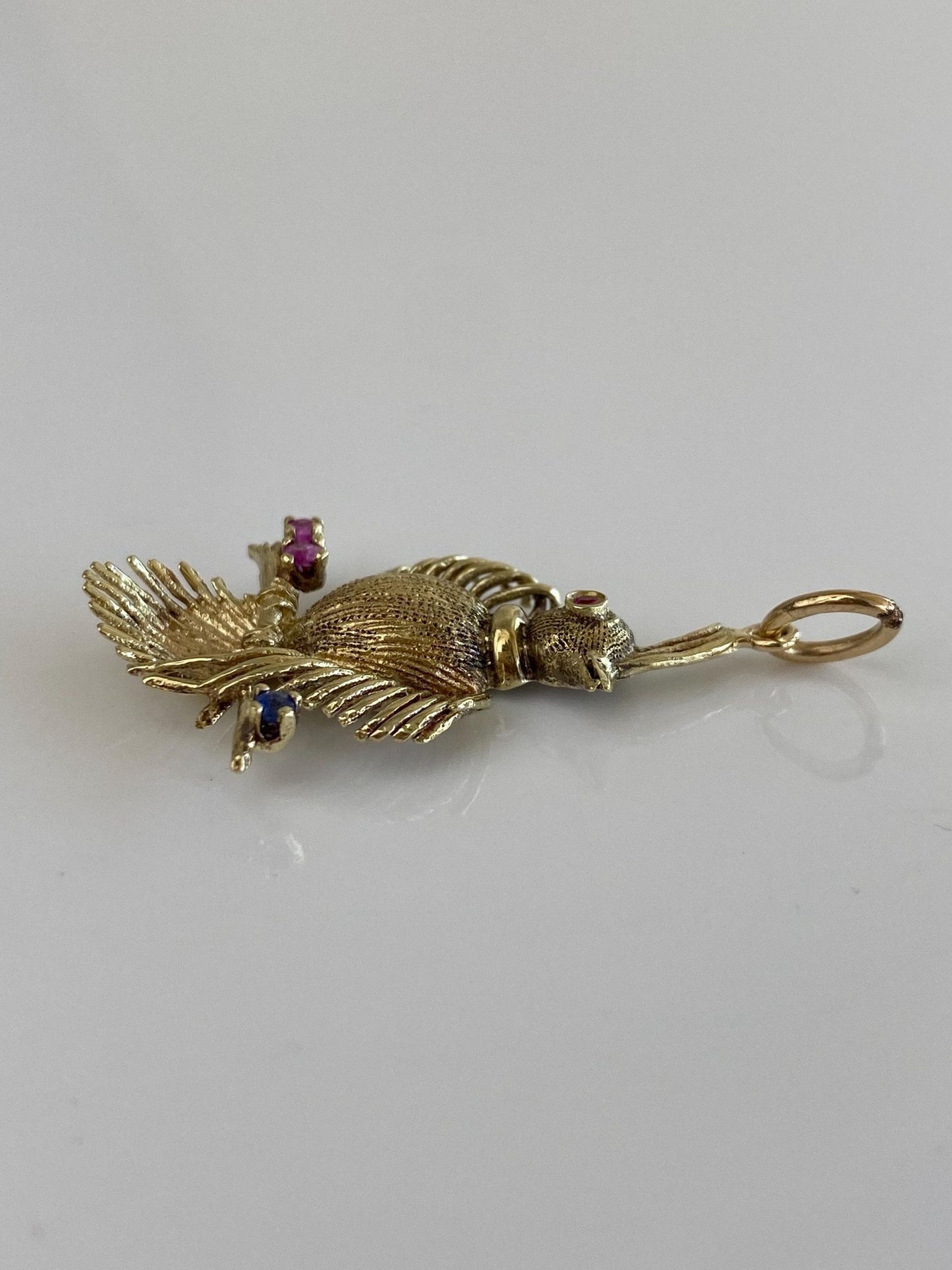 Vintage Solid 14k Yellow Gold Pink & Blue Sapphire Bird Charm
