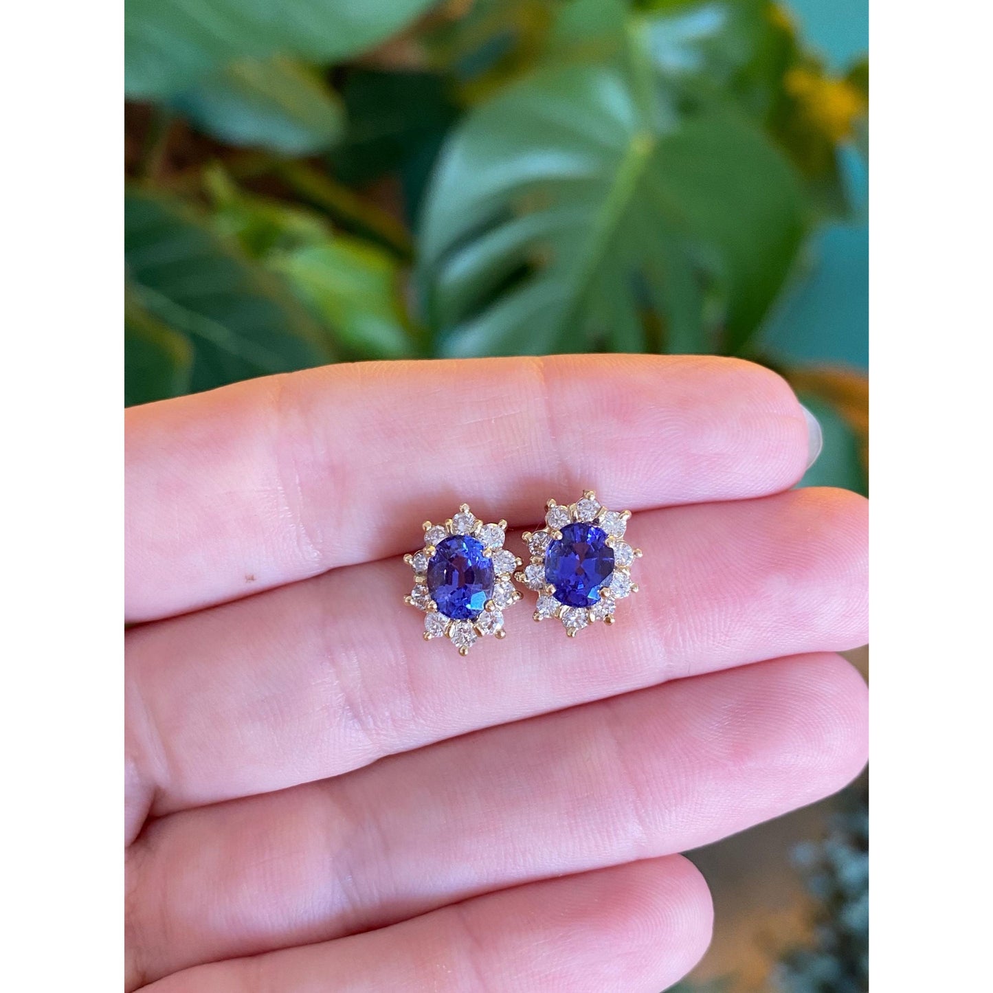 Vintage Solid 14k Yellow Gold Diamond Halo Tanzanite Stud Earrings