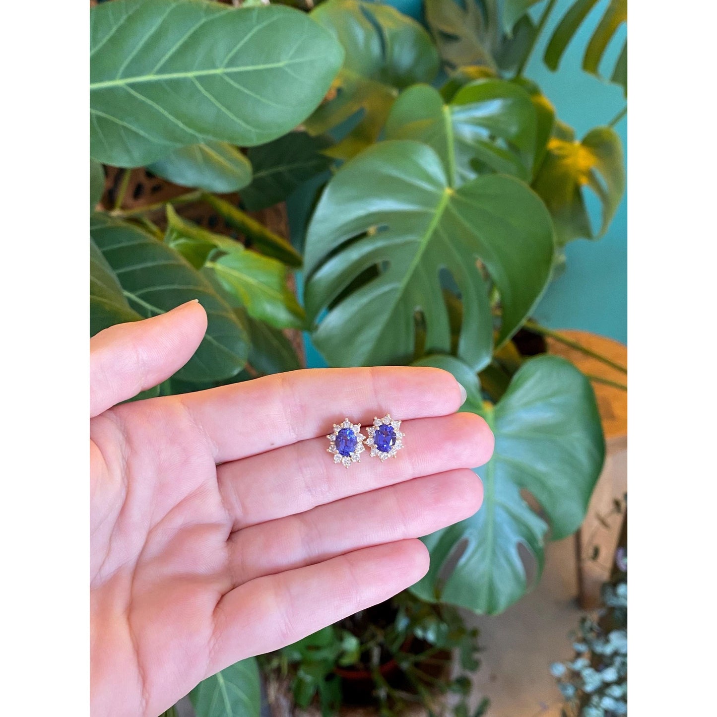 Vintage Solid 14k Yellow Gold Diamond Halo Tanzanite Stud Earrings