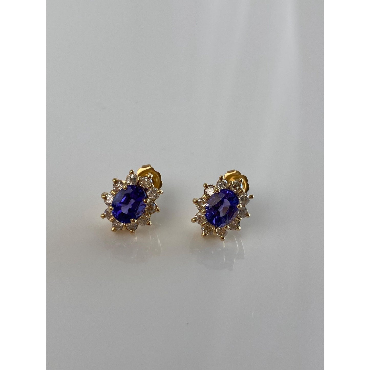Vintage Solid 14k Yellow Gold Diamond Halo Tanzanite Stud Earrings