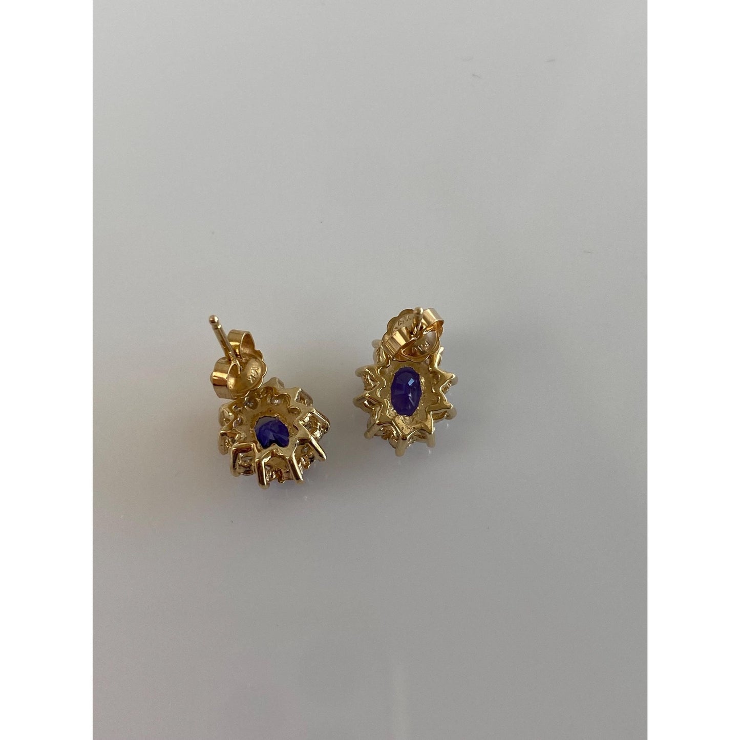 Vintage Solid 14k Yellow Gold Diamond Halo Tanzanite Stud Earrings