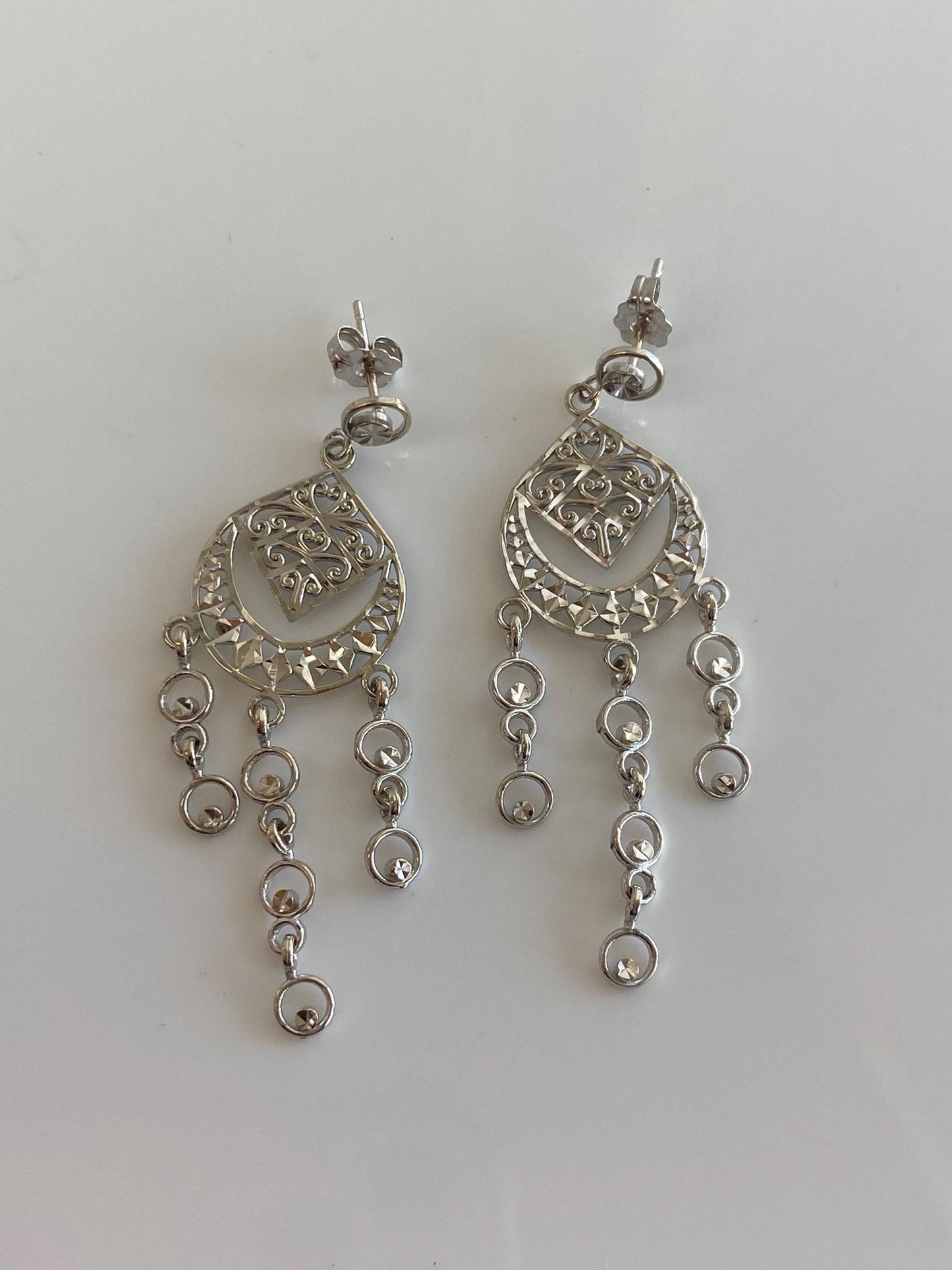 Vintage Solid 14k White Gold Diamond Cut Chandelier Dangle Stud Earrings