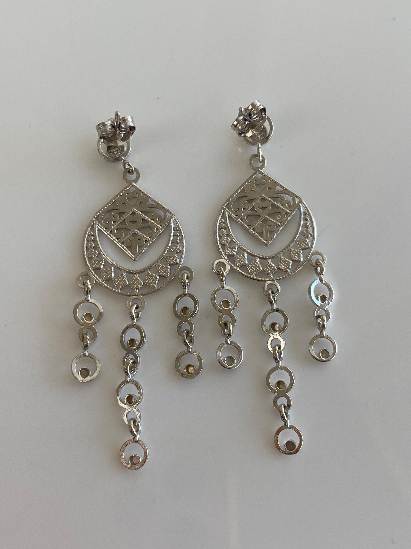 Vintage Solid 14k White Gold Diamond Cut Chandelier Dangle Stud Earrings