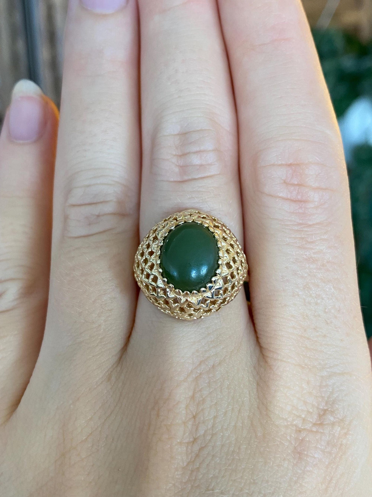 Vintage Solid 14k Yellow Gold Nephrite Basket Weave Ring - Size 6.75