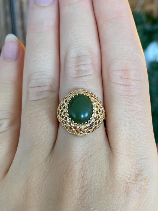 Vintage Solid 14k Yellow Gold Nephrite Basket Weave Ring - Size 6.75