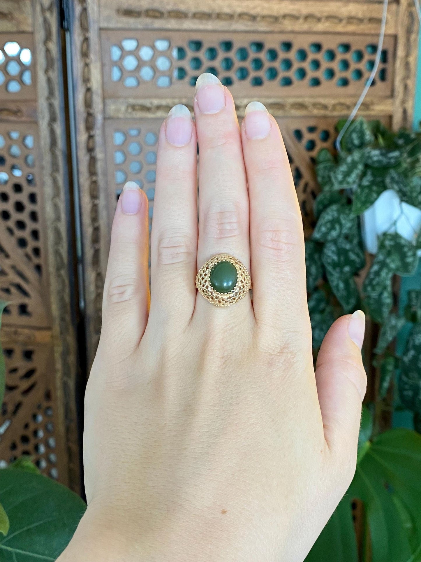 Vintage Solid 14k Yellow Gold Nephrite Basket Weave Ring - Size 6.75