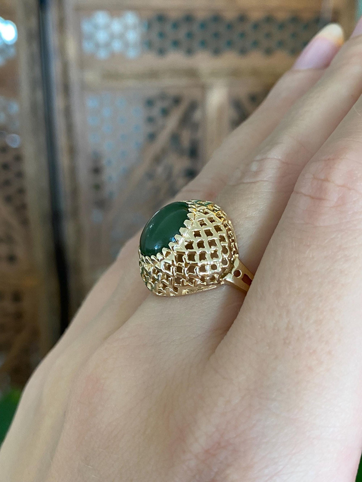 Vintage Solid 14k Yellow Gold Nephrite Basket Weave Ring - Size 6.75