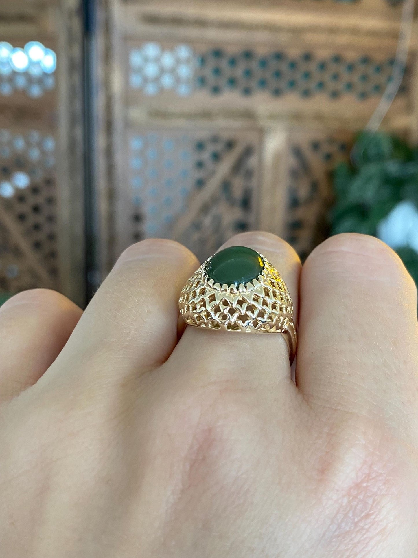 Vintage Solid 14k Yellow Gold Nephrite Basket Weave Ring - Size 6.75