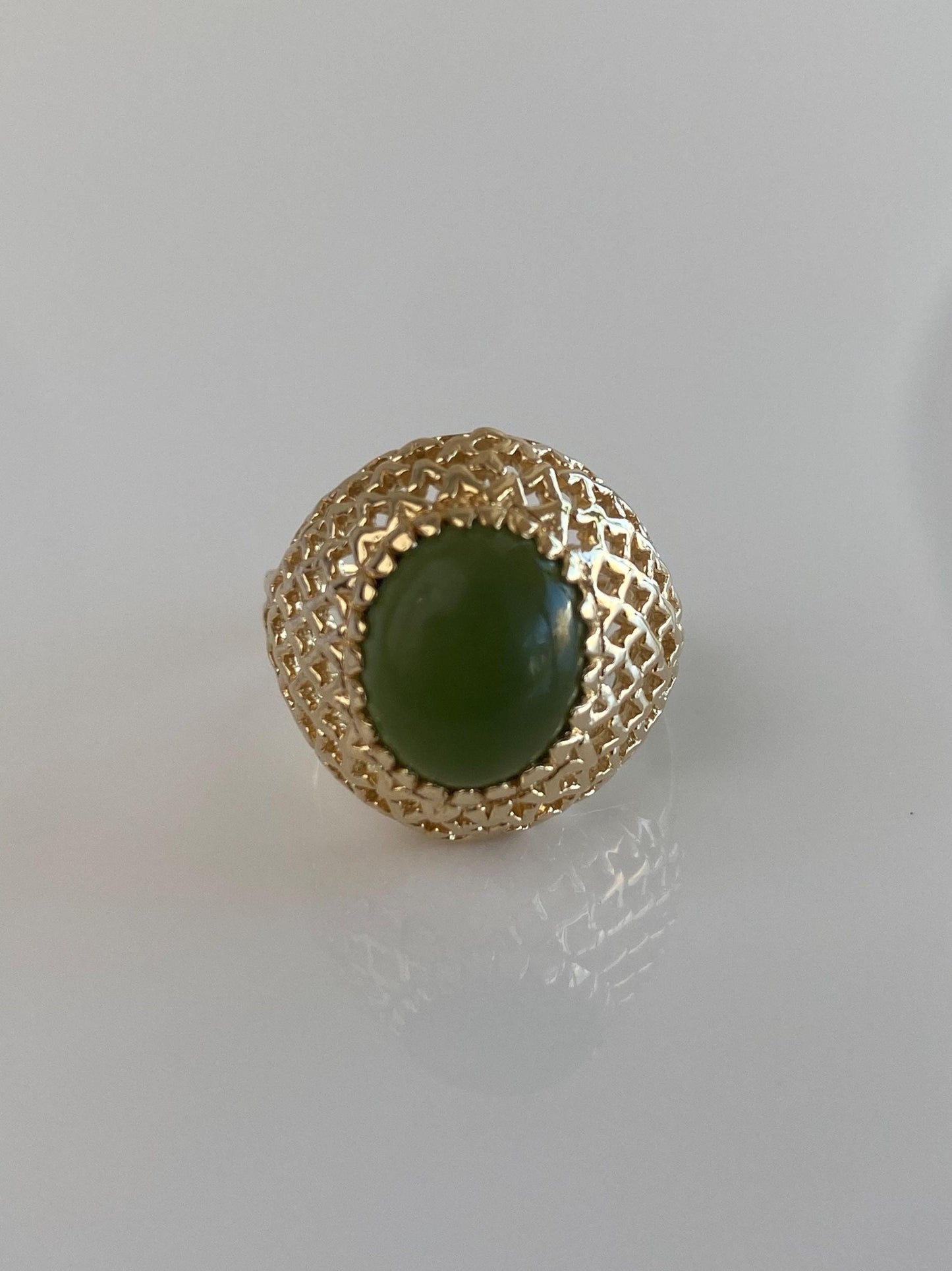 Vintage Solid 14k Yellow Gold Nephrite Basket Weave Ring - Size 6.75