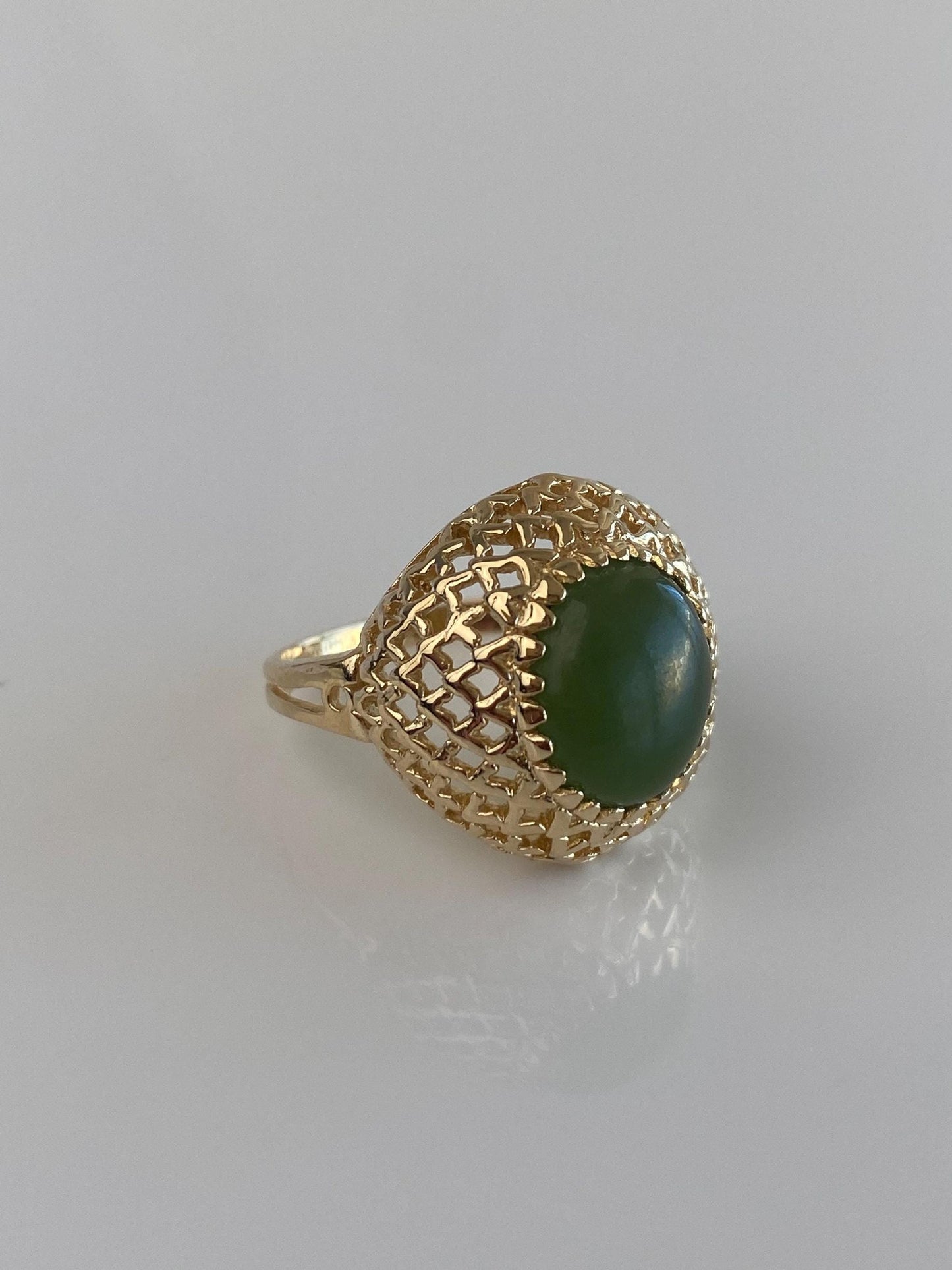 Vintage Solid 14k Yellow Gold Nephrite Basket Weave Ring - Size 6.75
