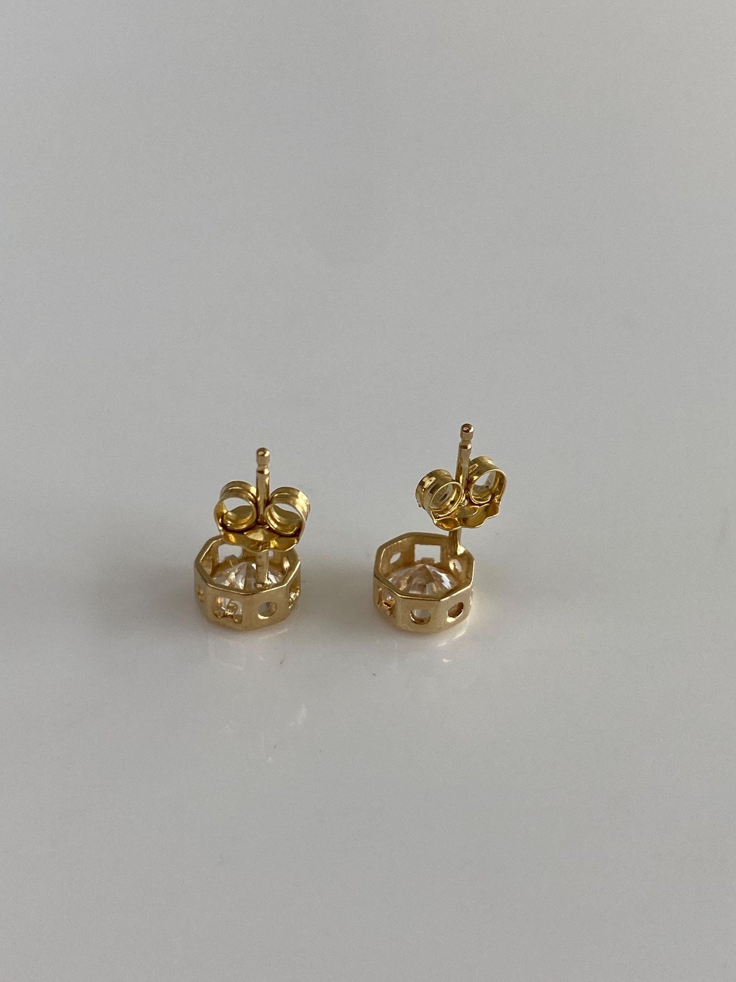 Solid 14k Yellow Gold Octagonal Bezel Set Clear Cubic Zirconia Stud Earrings