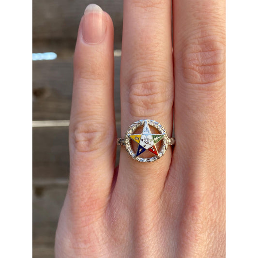 Vintage Solid 14k White Gold Enamel Eastern Star Freemason Ring - Size 5-5.25