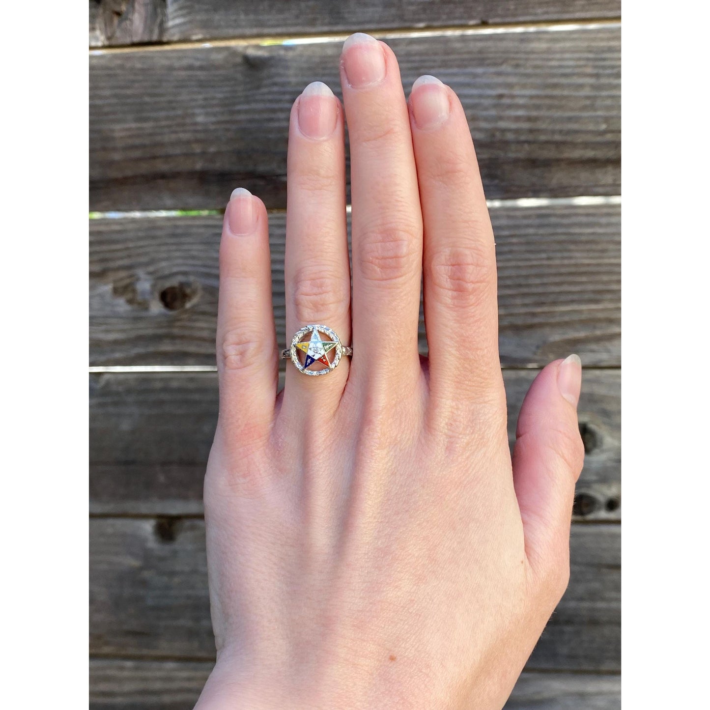 Vintage Solid 14k White Gold Enamel Eastern Star Freemason Ring - Size 5-5.25