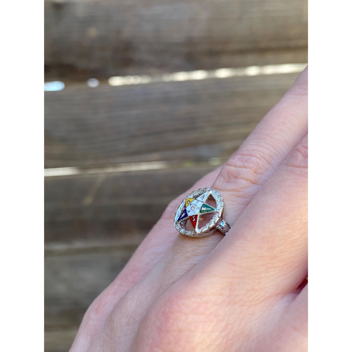 Vintage Solid 14k White Gold Enamel Eastern Star Freemason Ring - Size 5-5.25