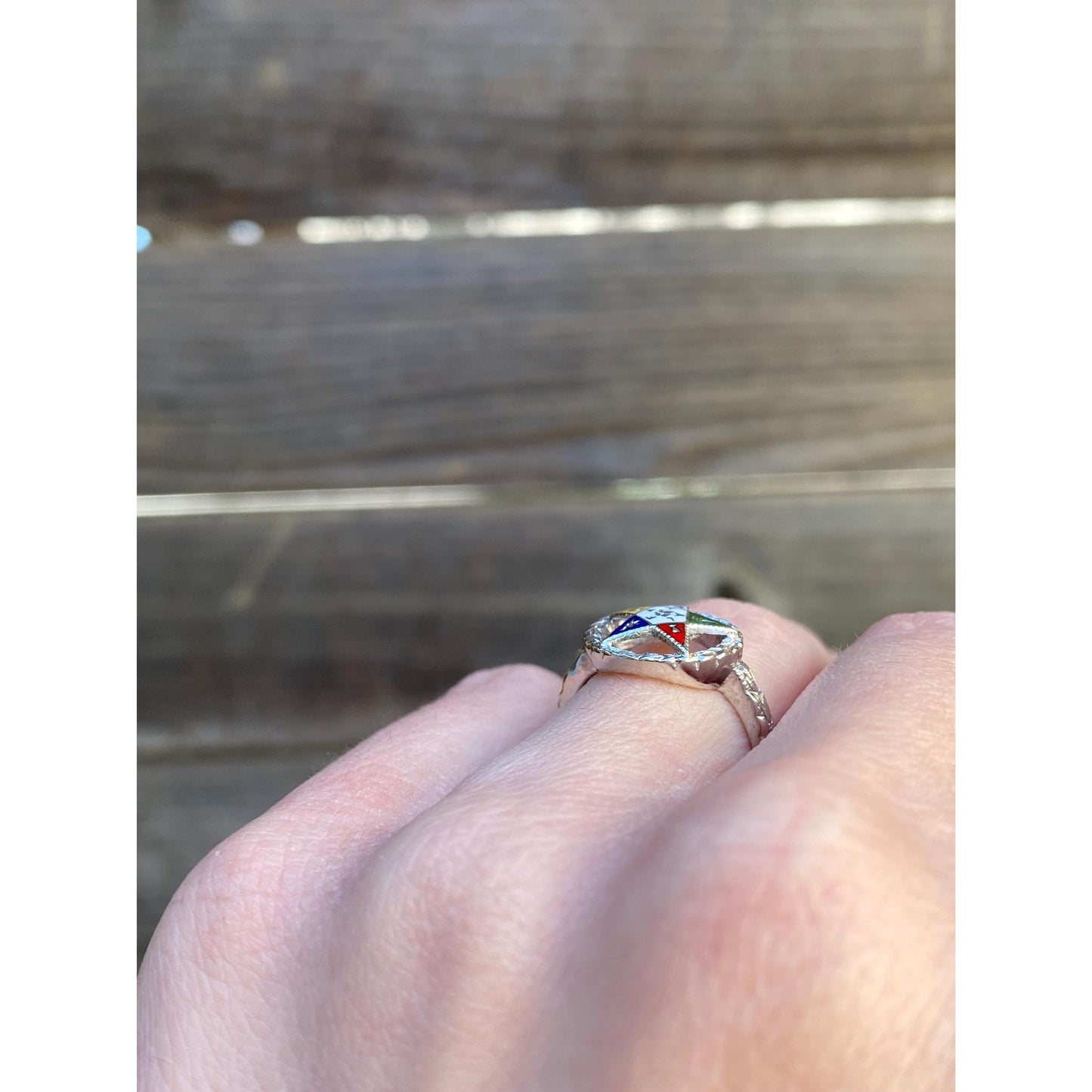 Vintage Solid 14k White Gold Enamel Eastern Star Freemason Ring - Size 5-5.25