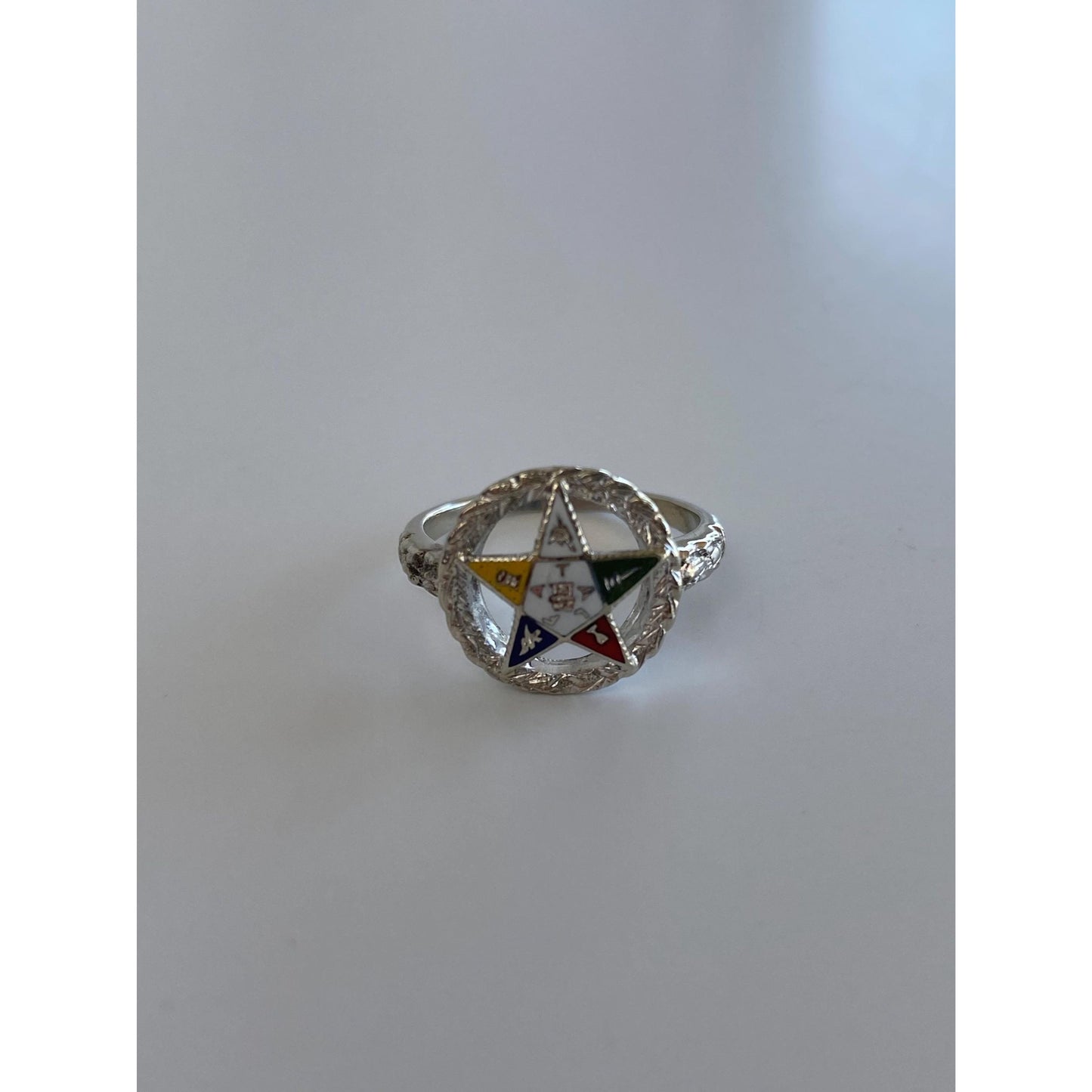 Vintage Solid 14k White Gold Enamel Eastern Star Freemason Ring - Size 5-5.25