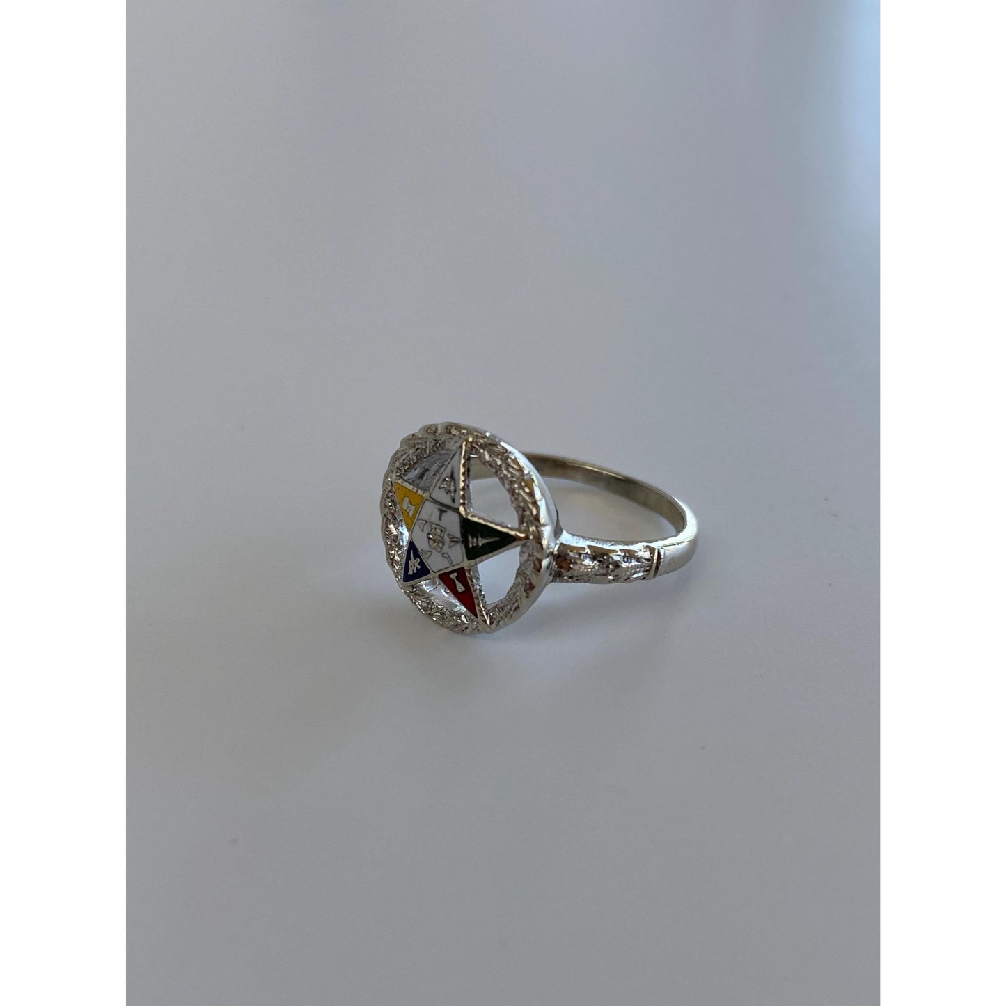 Vintage Solid 14k White Gold Enamel Eastern Star Freemason Ring - Size 5-5.25