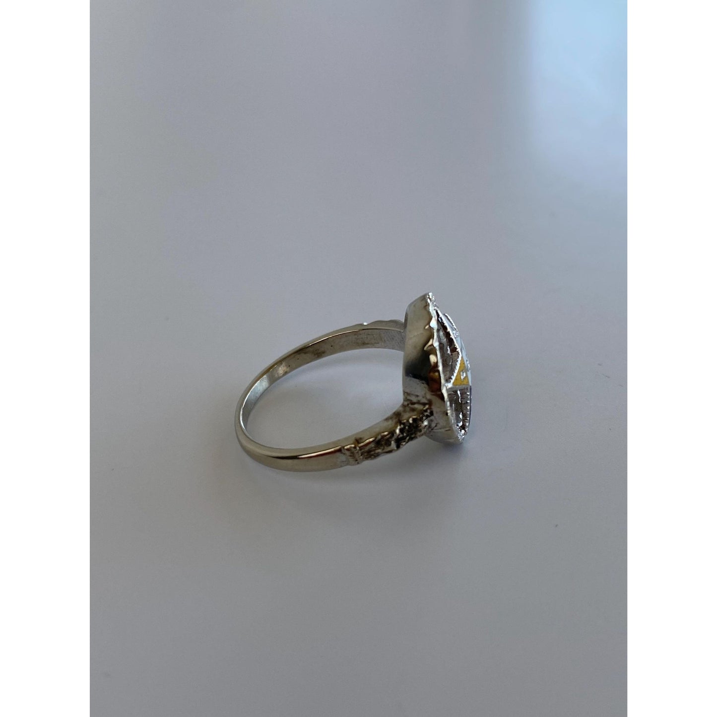 Vintage Solid 14k White Gold Enamel Eastern Star Freemason Ring - Size 5-5.25