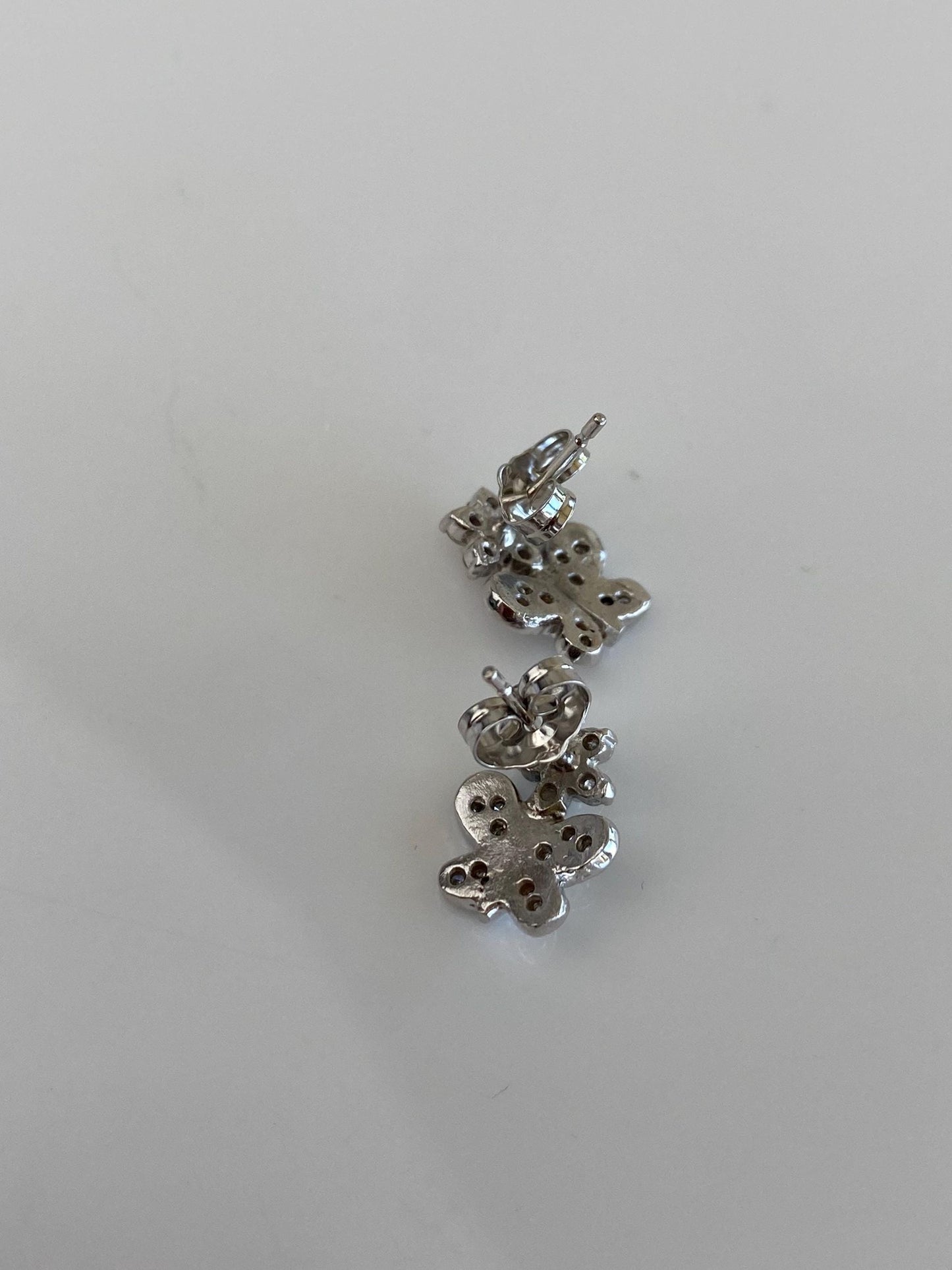 Vintage Solid 14k White Gold Diamond Butterfly Flower Stud Earrings