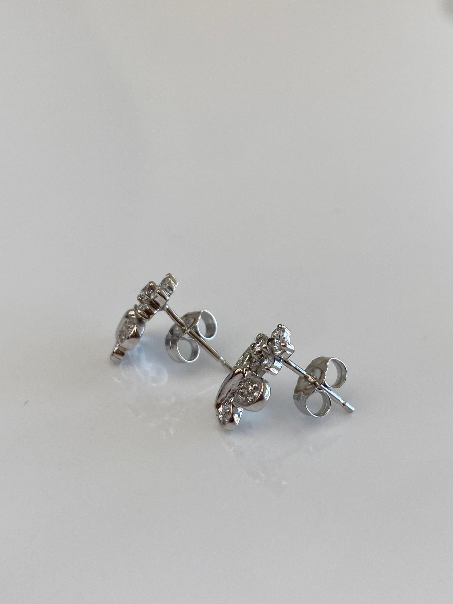 Vintage Solid 14k White Gold Diamond Butterfly Flower Stud Earrings