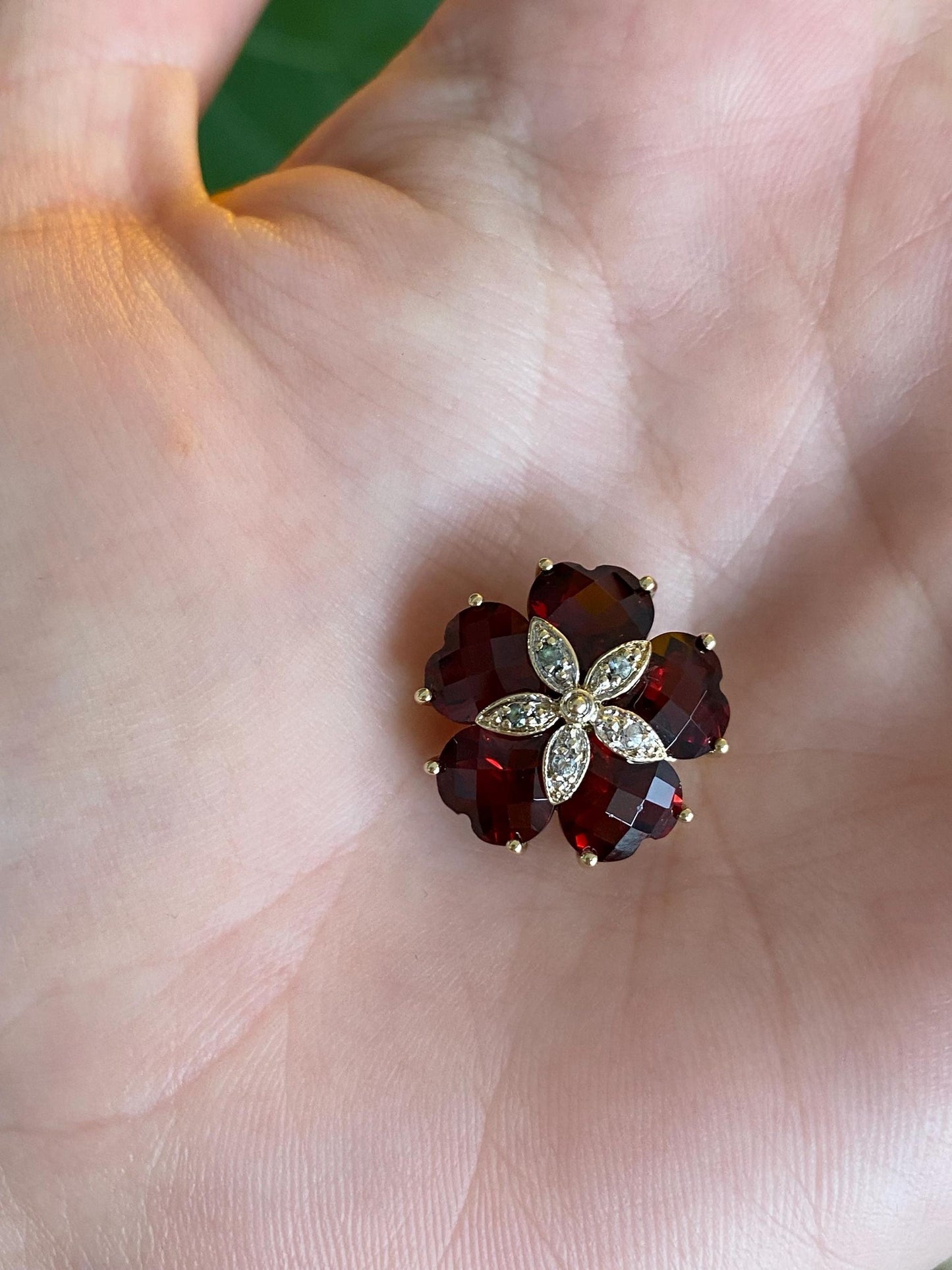 Vintage Solid 10k Yellow Gold Faceted Garnet Clear Sapphire Flower Slide Charm