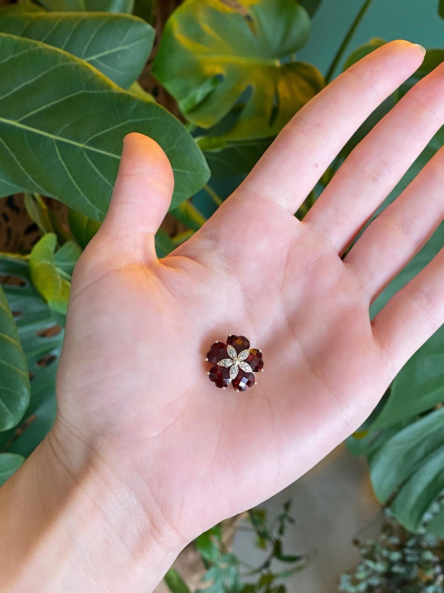 Vintage Solid 10k Yellow Gold Faceted Garnet Clear Sapphire Flower Slide Charm