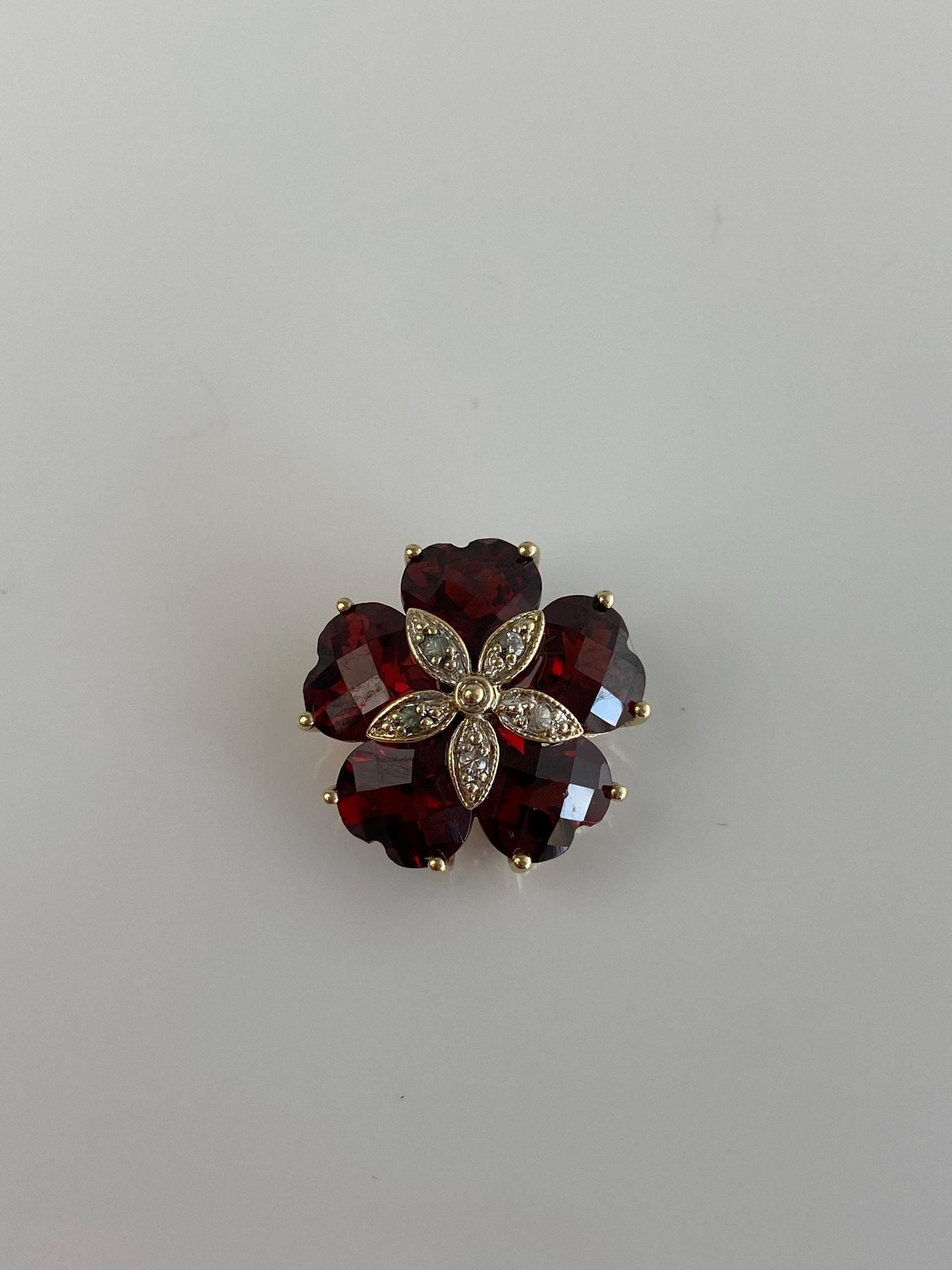 Vintage Solid 10k Yellow Gold Faceted Garnet Clear Sapphire Flower Slide Charm