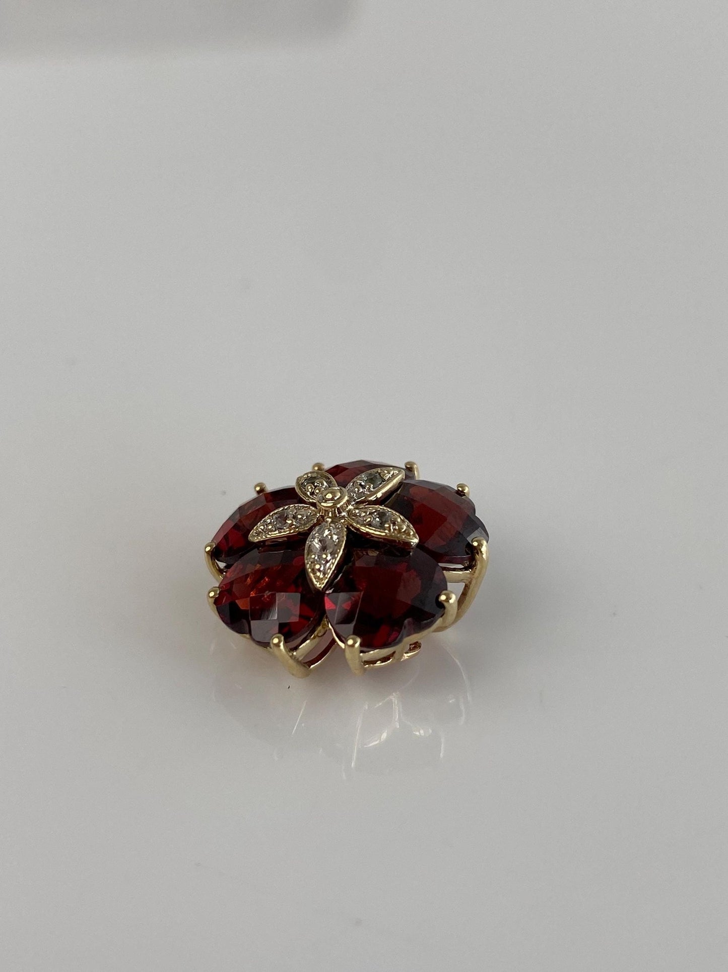 Vintage Solid 10k Yellow Gold Faceted Garnet Clear Sapphire Flower Slide Charm