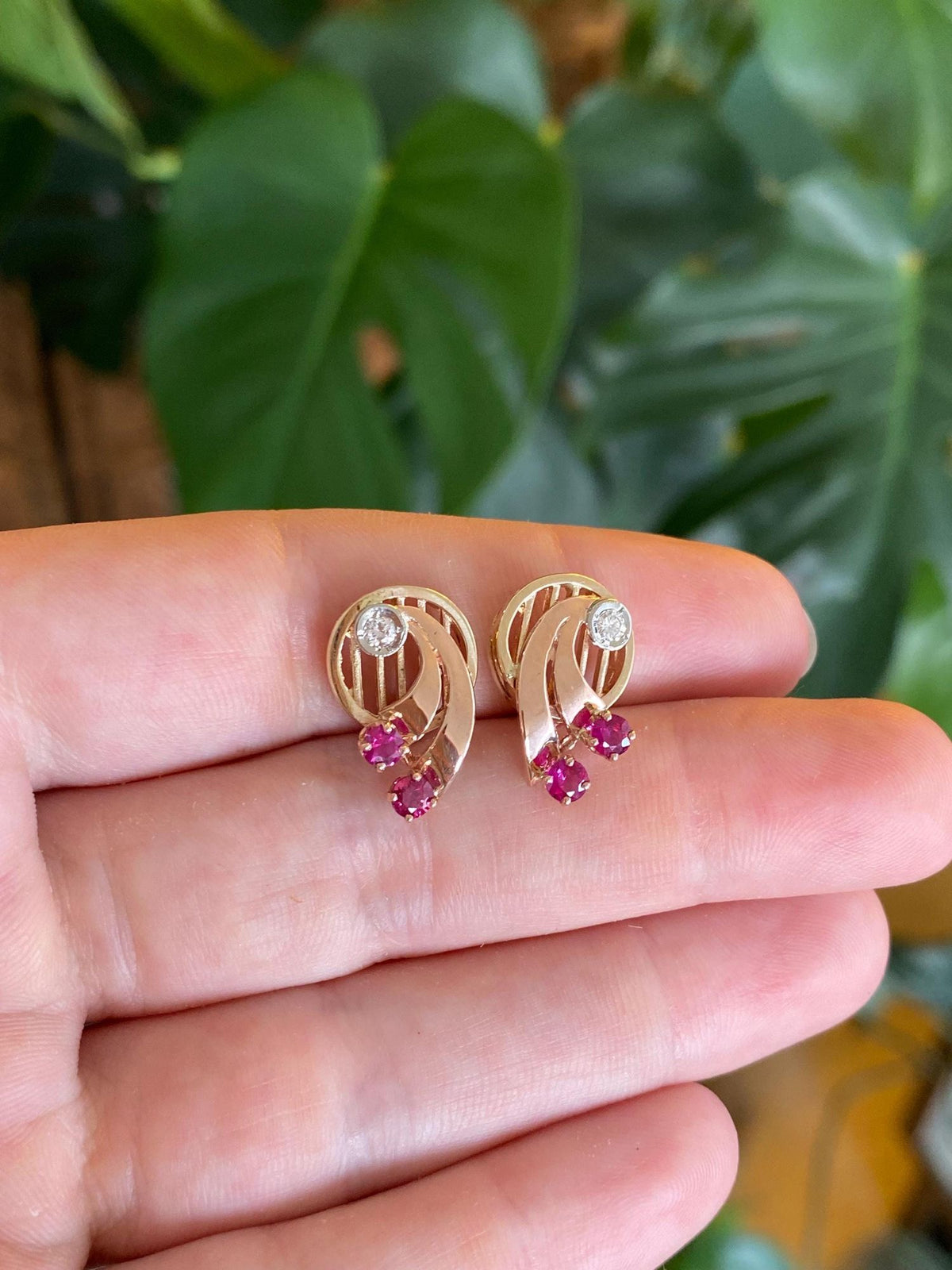 Vintage Solid 14k Rose & Yellow Gold Diamond Pink Sapphire Stud Earrings