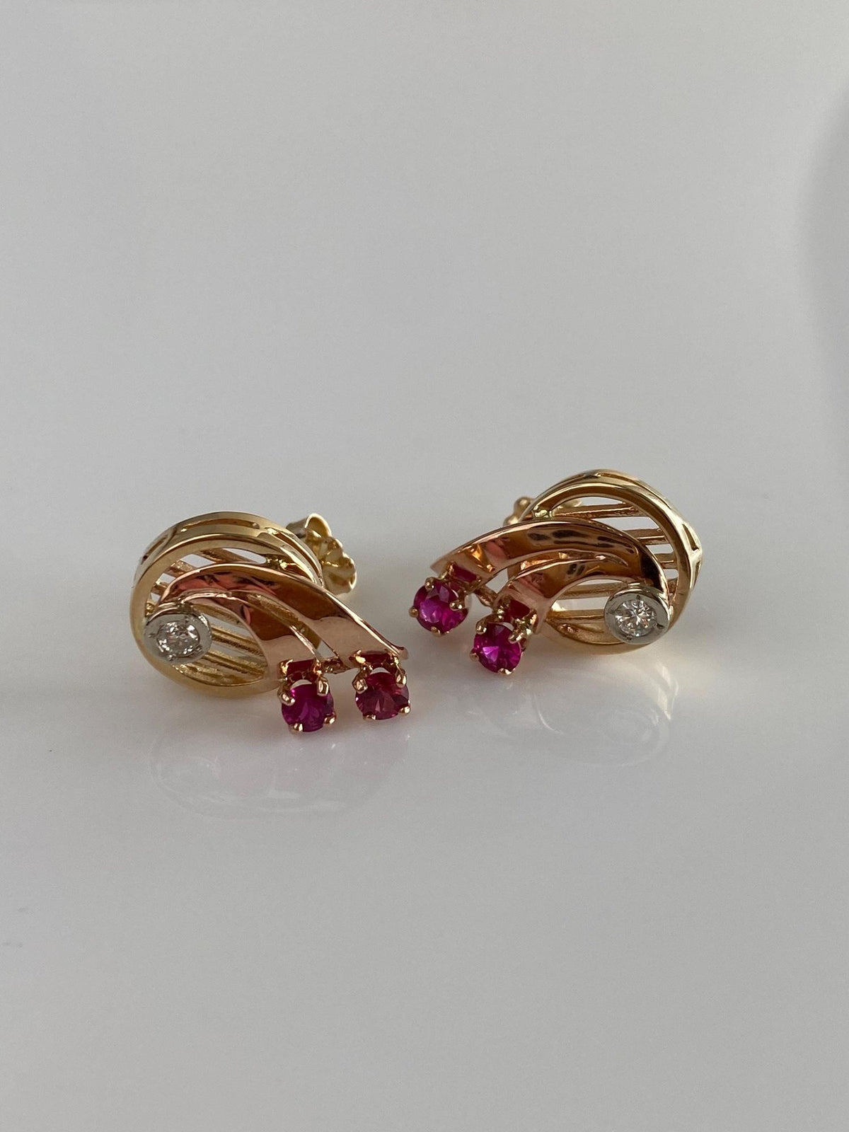Vintage Solid 14k Rose & Yellow Gold Diamond Pink Sapphire Stud Earrings