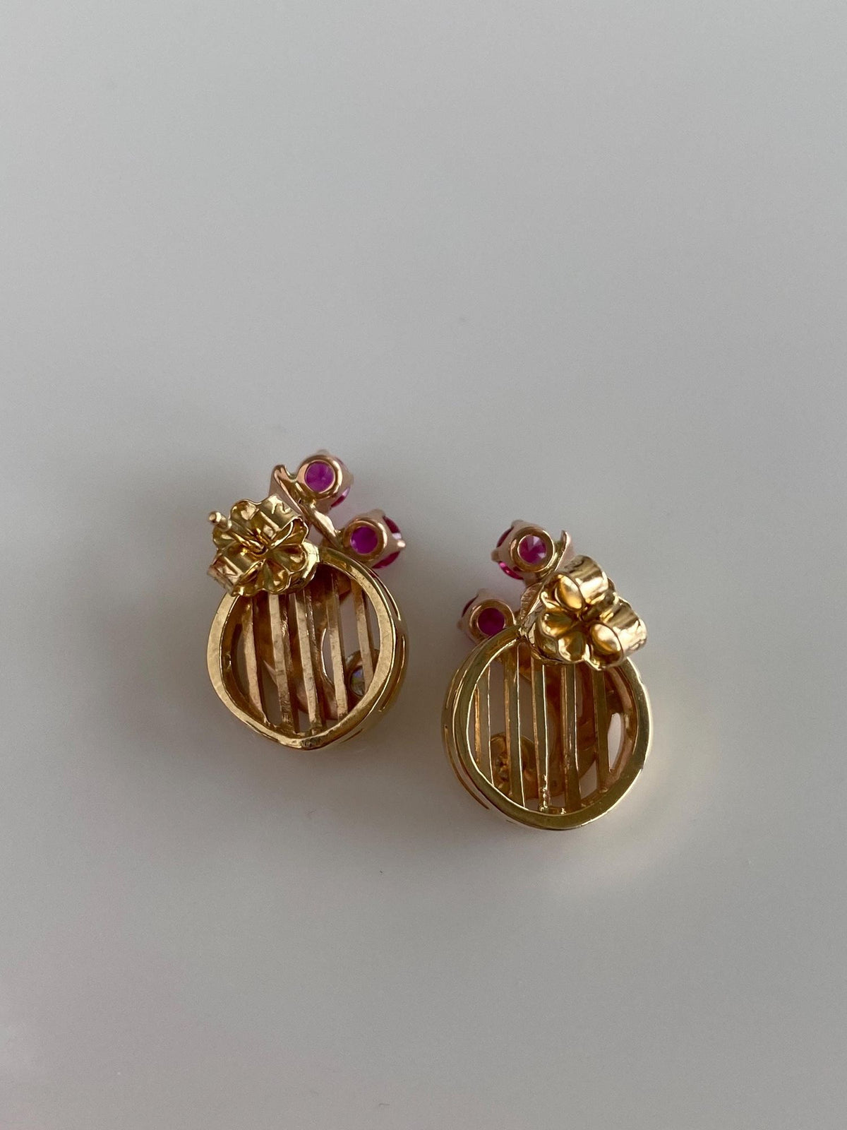 Vintage Solid 14k Rose & Yellow Gold Diamond Pink Sapphire Stud Earrings