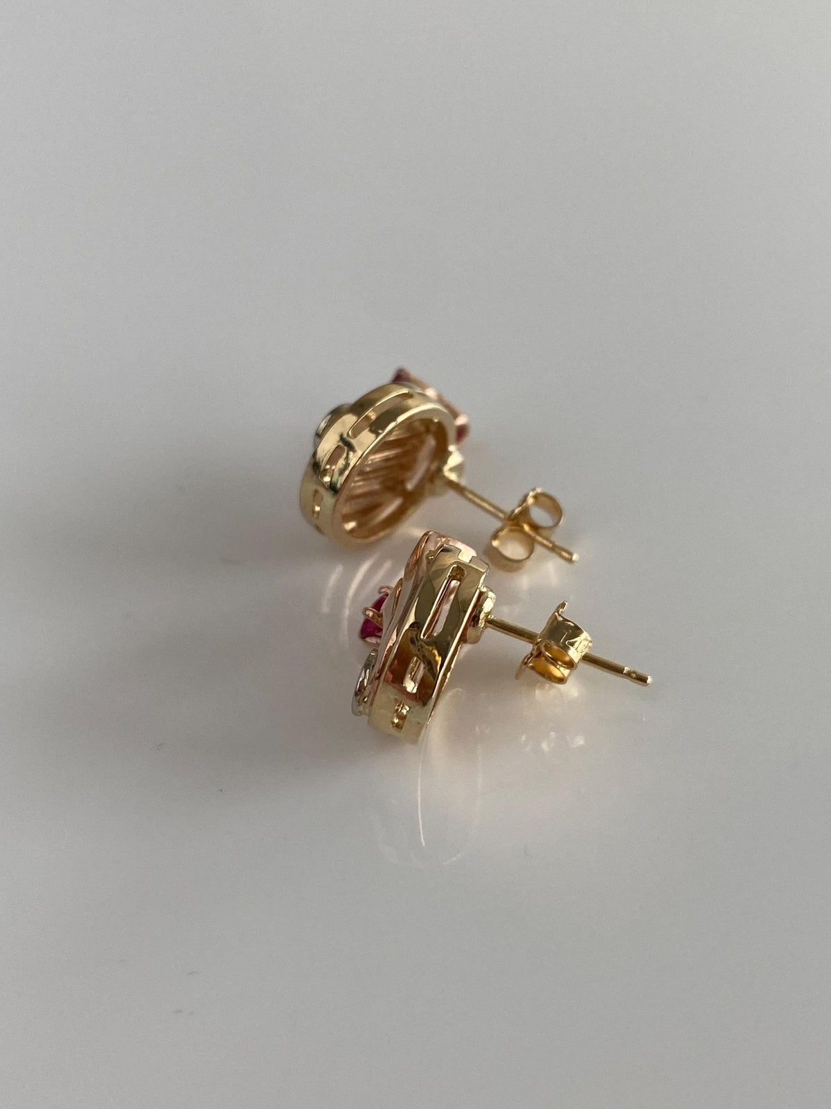 Vintage Solid 14k Rose & Yellow Gold Diamond Pink Sapphire Stud Earrings