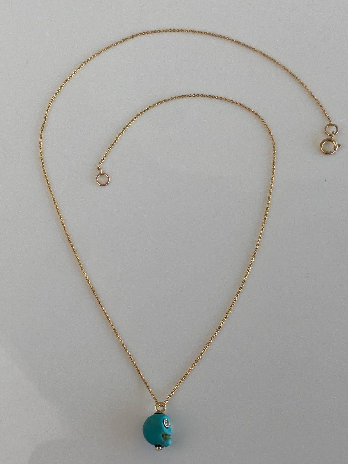 Vintage Solid 14k Yellow Gold Diamond Eyes Carved Skull Dainty Tight Rolo Chain Necklace - 14.75 inches