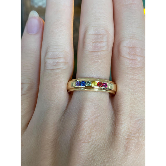 Vintage Solid 18k Yellow Gold Rainbow Colored Sapphire Ring Band - Size 10.75