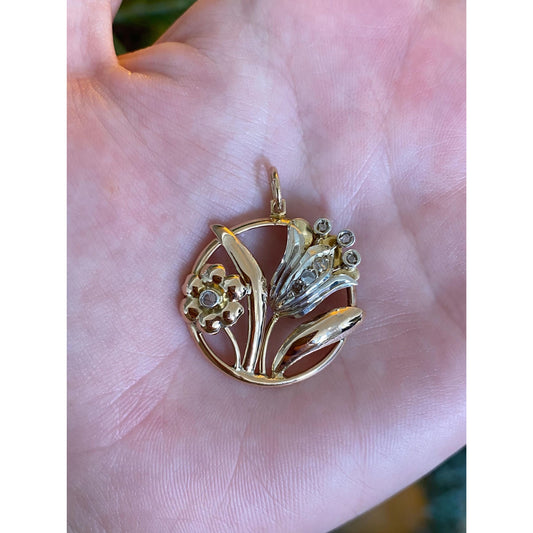 Vintage Solid 14k White & Yellow Gold Diamond Flowers Charm