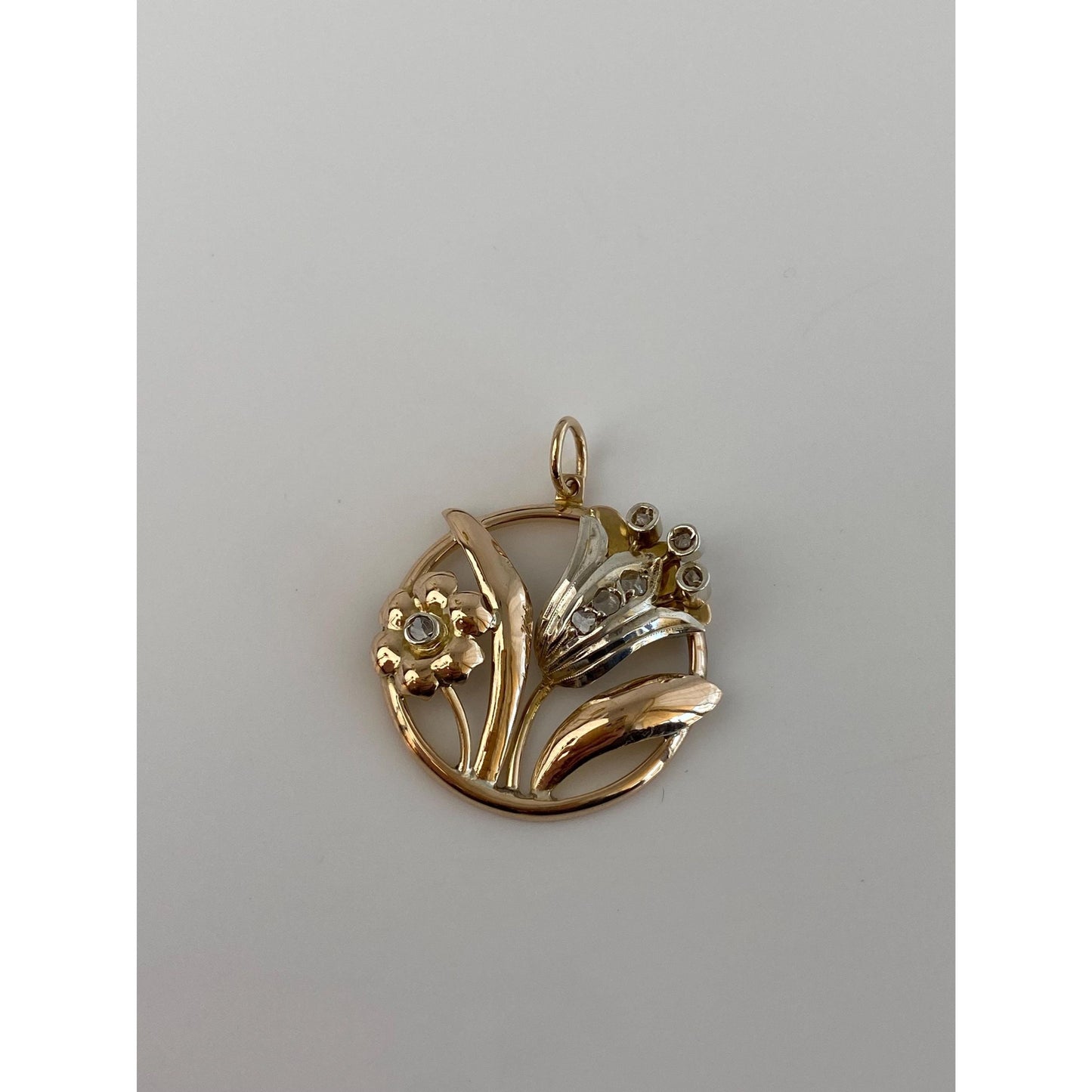 Vintage Solid 14k White & Yellow Gold Diamond Flowers Charm