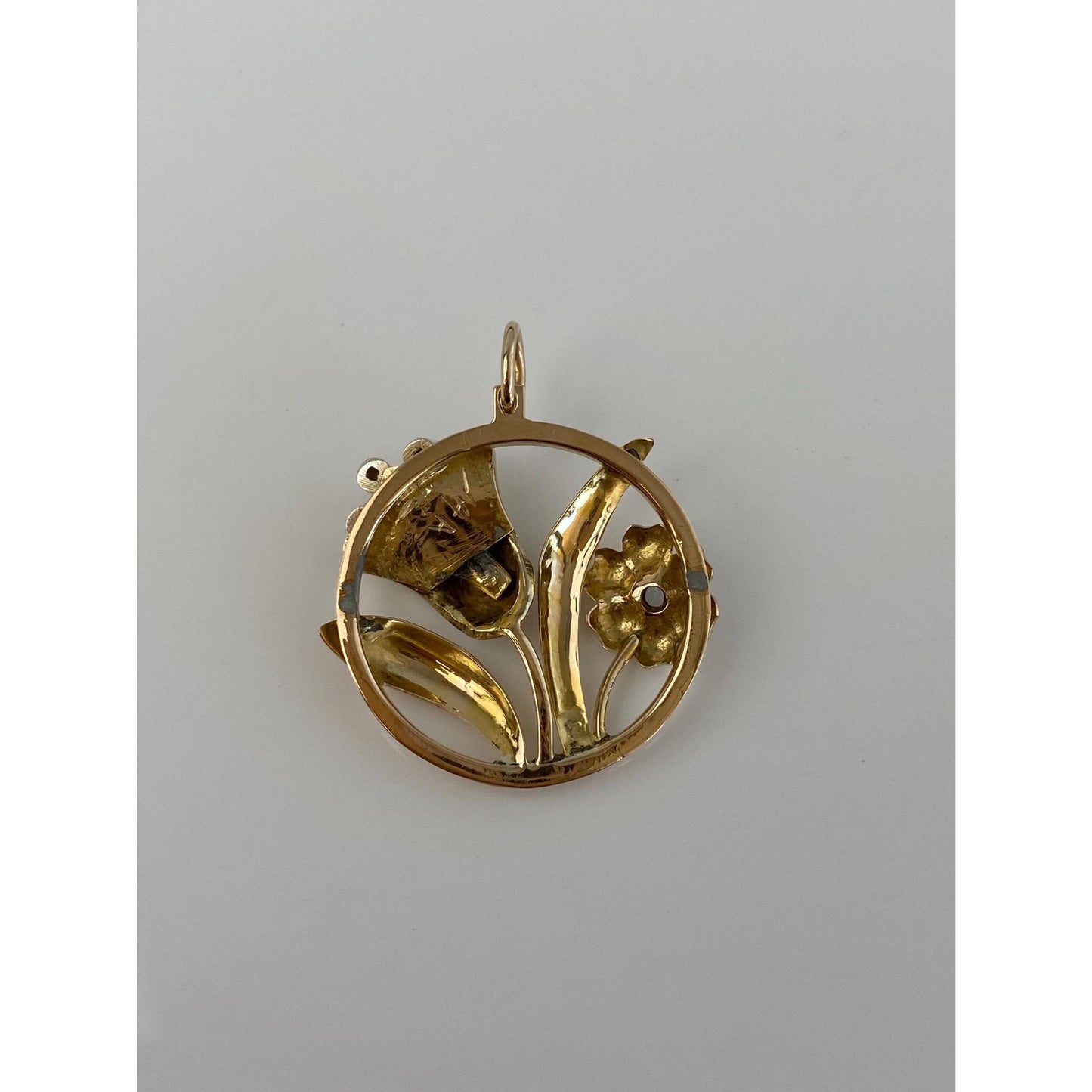 Vintage Solid 14k White & Yellow Gold Diamond Flowers Charm