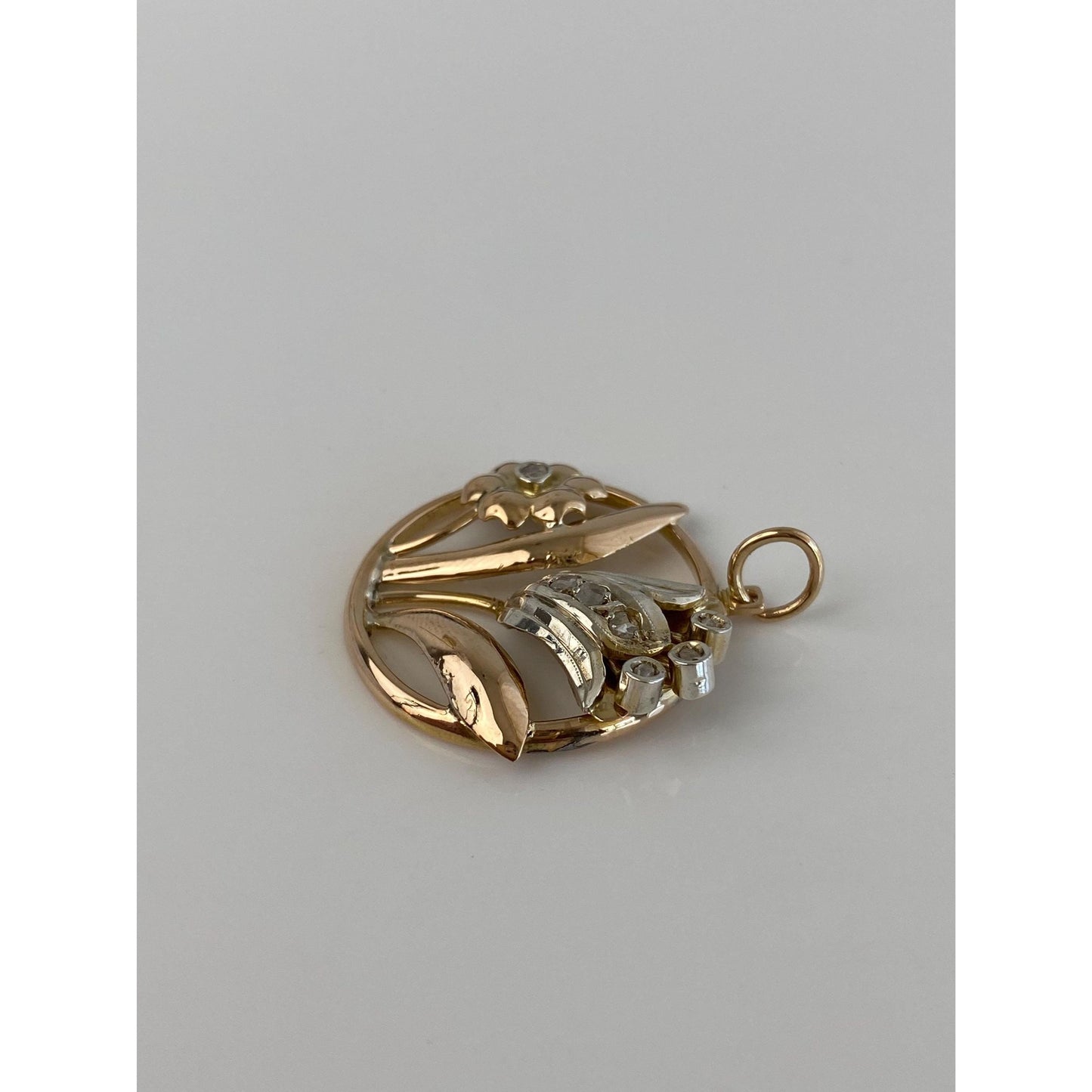 Vintage Solid 14k White & Yellow Gold Diamond Flowers Charm