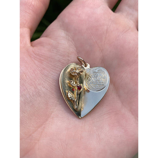 Solid 14k Yellow Gold Pearl Cubic Zirconia Folded Heart Rose 'Happy Birthday' Charm