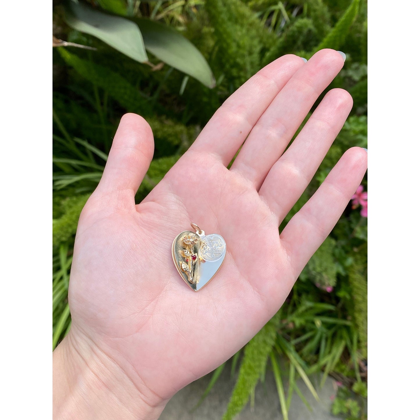 Solid 14k Yellow Gold Pearl Cubic Zirconia Folded Heart Rose 'Happy Birthday' Charm