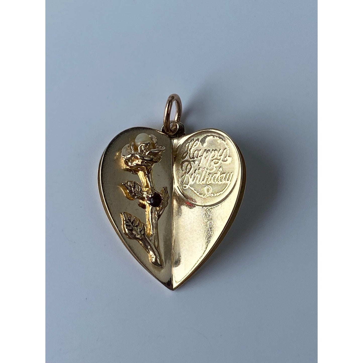 Solid 14k Yellow Gold Pearl Cubic Zirconia Folded Heart Rose 'Happy Birthday' Charm