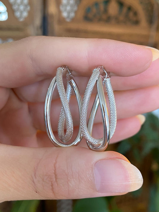 Vintage 14k White Gold Textured Looped Hoop Earrings