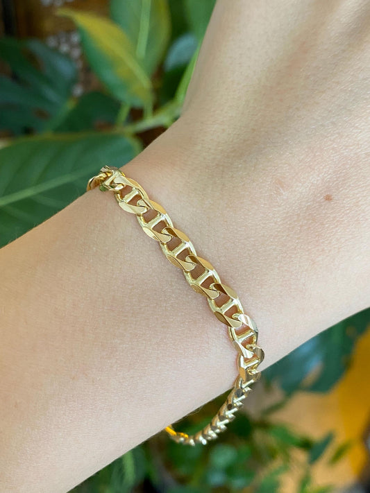 Vintage Solid 14k Yellow Gold Chunky Flat Mariner Chain Bracelet - 8.25 inches