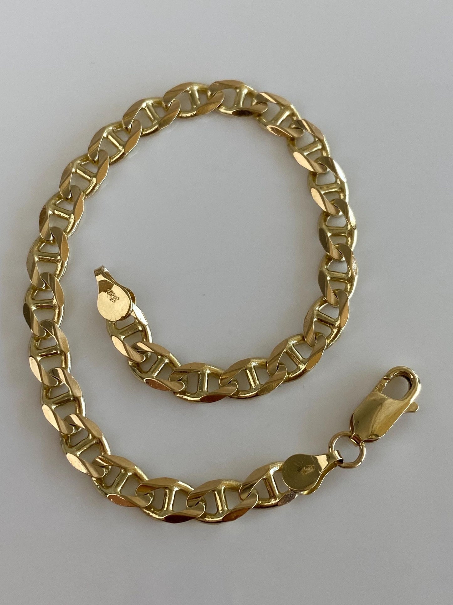 Vintage Solid 14k Yellow Gold Chunky Flat Mariner Chain Bracelet - 8.25 inches