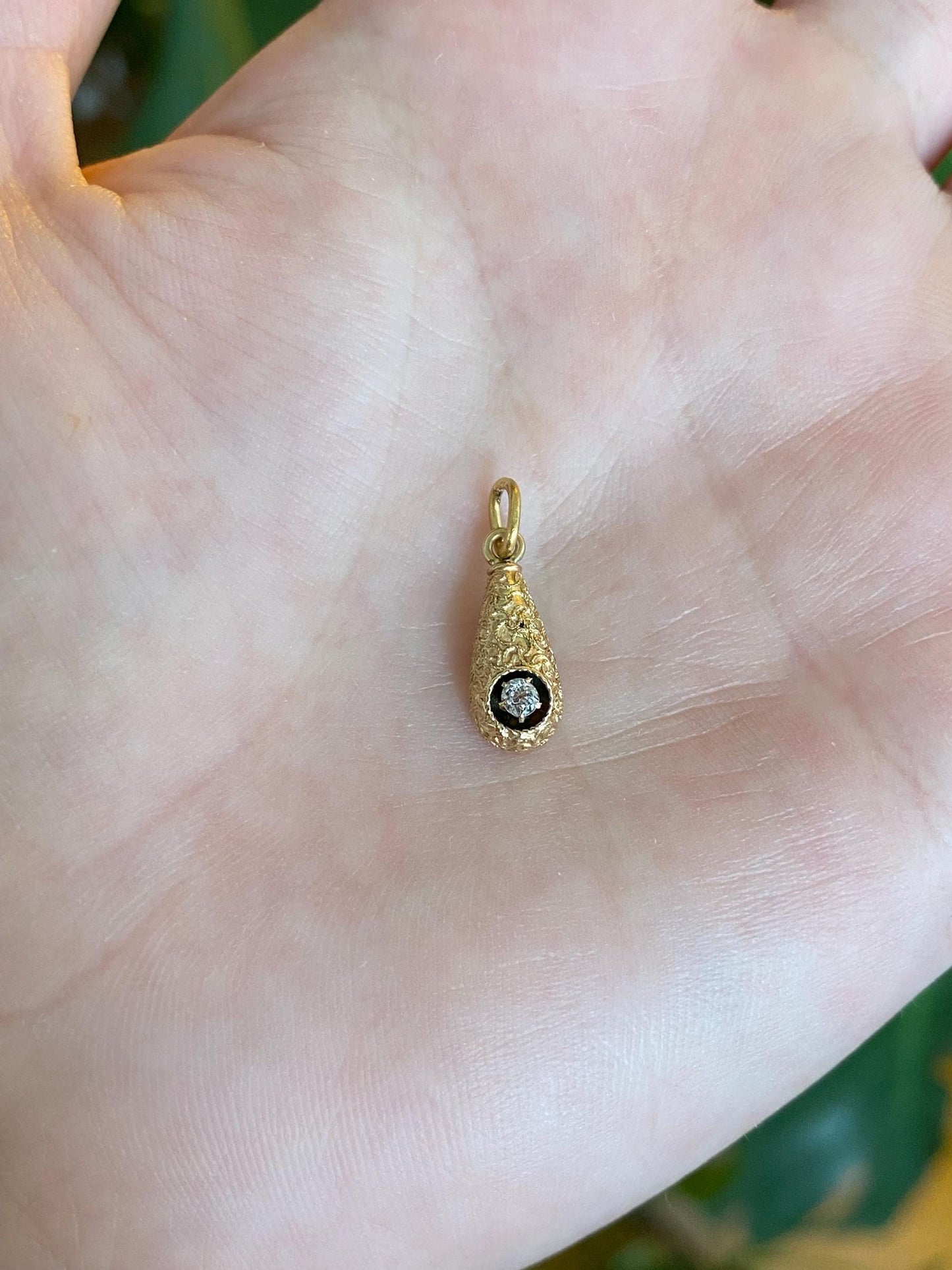 Vintage 18k Yellow Gold Old Mine Cut Diamond Embossed Texture Teardrop Stick Pin Conversion Charm