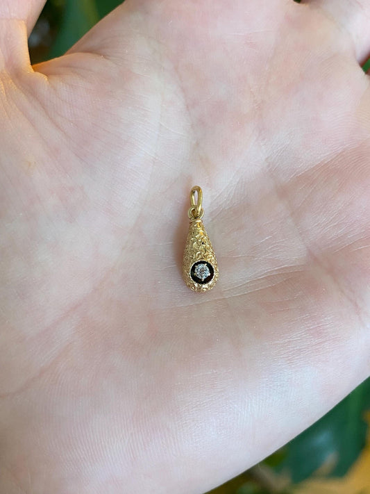 Vintage 18k Yellow Gold Old Mine Cut Diamond Embossed Texture Teardrop Stick Pin Conversion Charm